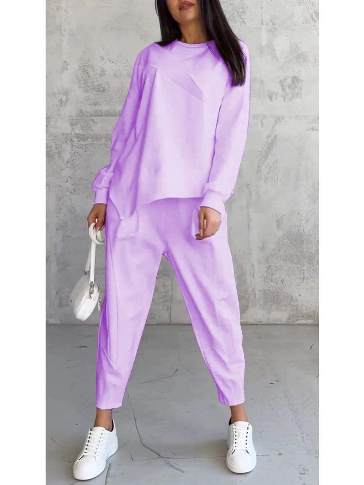 Women's Streetwear Comfortable Casual Workwear-Style Round-Neck Loose-Fit Asymmetrical Long-Sleeve Top and Trousers Set