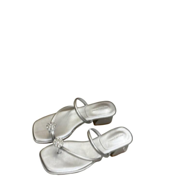 Fashion Hot Selling 2025 New Women's Genuine Leather Thi Heel Slippers Summer Diamond Bule High Heel Toe Post Sandals Korean Sle Casual