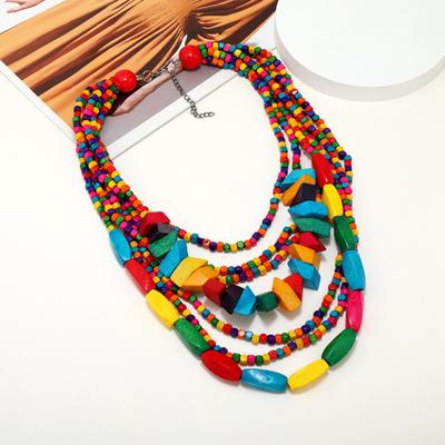 Yousheng Party Necklace Exaggerated Vintage Multilayer Handmade Colorful Beads Dress Up Fashion Item Ethnic Tassel Wood Beaded Bib Necklace Holiday