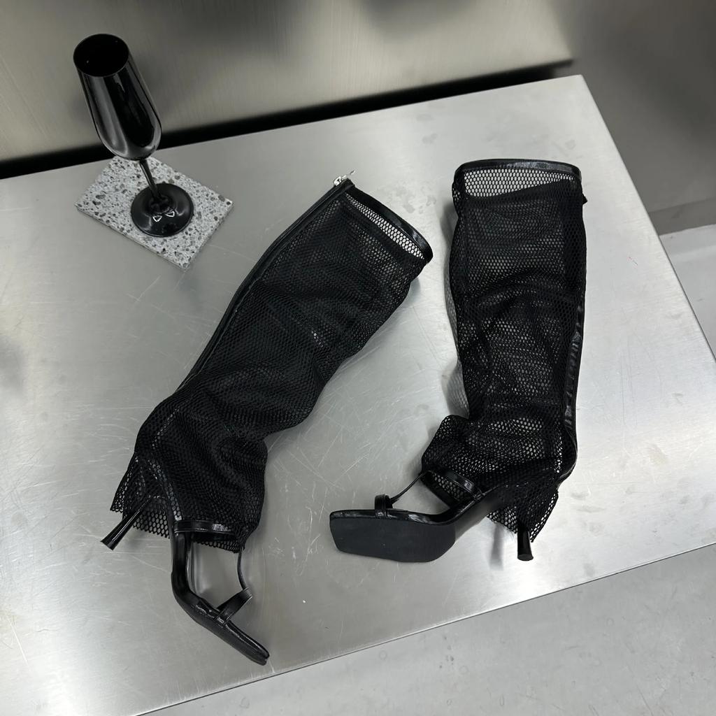 Mesh Open Toe Hollow Out Thin High Heel Women Boots Solid Color Slip on Knee High Fashion Summer Ins Western Sexy Ladies Sandals