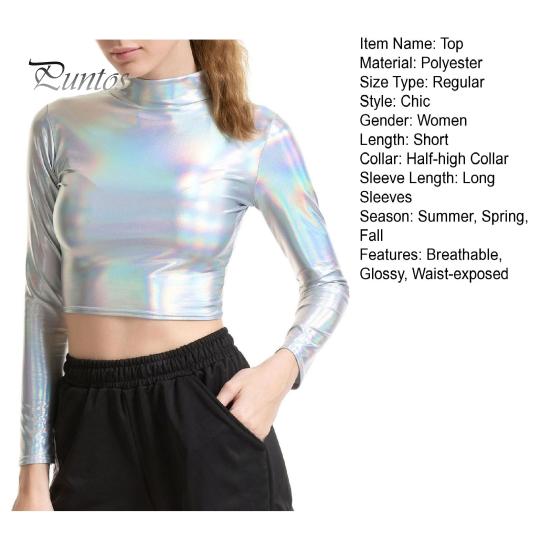 Lady Crop Top Women Club Half-high Collar Glossy Surface Skinny Waist-exposed Solid Color Soft Pullover Breathable Pole Dance Performance Party