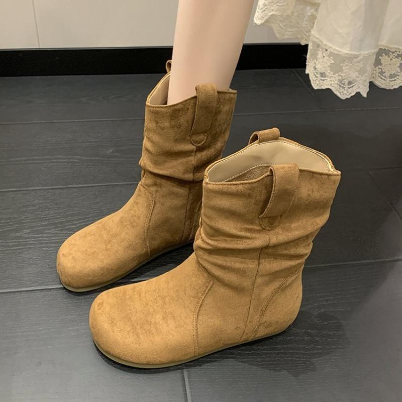 Vintage round head pleated medium tube women's boots suede small skinny boots women's sleeve knight boots