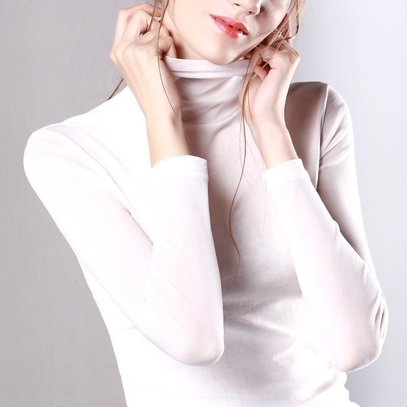 Women's Velvet Mesh High-Neck Base Layer: Long-Sleeve, Solid Color, Slim Fit for Autumn/Winter 2023