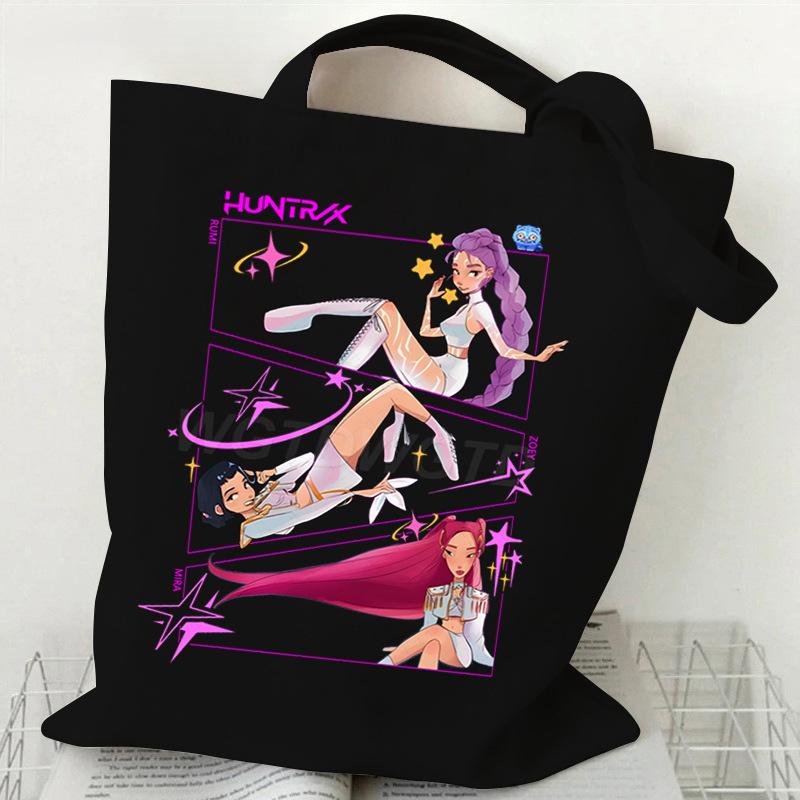 Demon Hunters Canvas Tote Bag Huntrix Girl KPop Shoulder Bag Saja Boys Zoey Rumi Mira Handbag For Daily Shopping School Commute