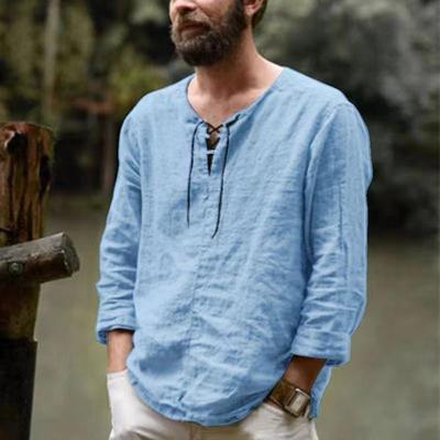 Printemps Été Coton Homme Manches Longues Chemises à Lacets Vintage Chemise Décontractée Rétro Manches Courtes à Lacets Ample Couleur Unie