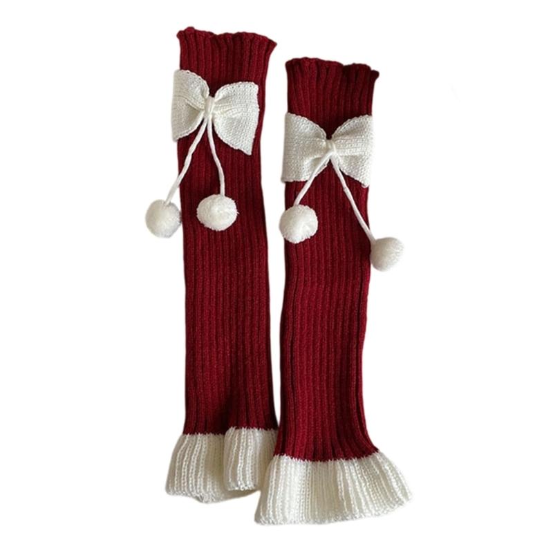 Fashionable Women's Leg Warmers Ribbed Socks Elastic Lace Trim with Cute Bows and Fuzzy Ball Winter Accessories
