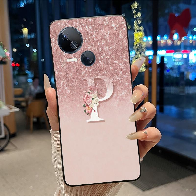 Kratzfeste Handyhülle Für Tecno Spark 10 5G Hülle Mode Neu Schwarz und Rosa Buchstabe Mit Blume Weiches Silikon Schwarze Rückseite