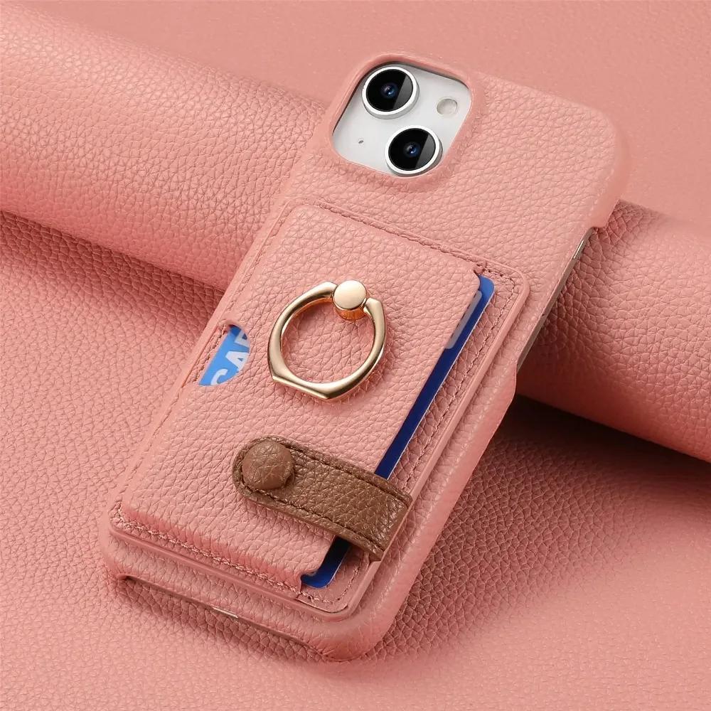 

Phone Case For iPhone 16E 16 15 Pro Max 14 13 12 11 Xs Xr X 7 8 Plus SE 2026 Ring PU Leather Cover Cards Holder Wallet iPhone SE (2020) рожевий