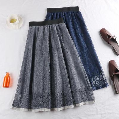 Saia floral feminina verão longo elástico cintura alta vestido feminino oco camadas saia de renda plissada