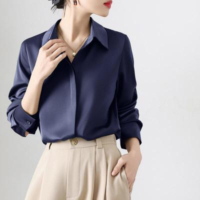 Women's Retro Satin Loose-Fit Long Sleeve Shirt - Hidden Placket, Hong Kong Style, Light Luxury for Spring & Autumn
