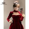 Winter New Red Neck Hanging Dress Christmas Style French Style Lace Bowknot Pleated Velvet Short Dress