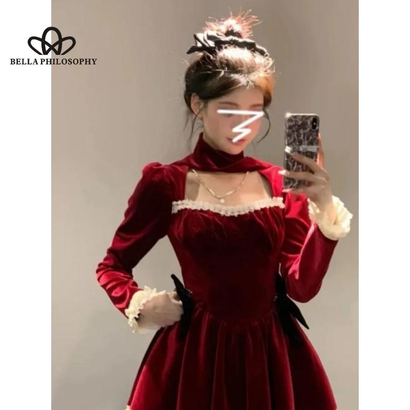 Winter New Red Neck Hanging Dress Christmas Style French Style Lace Bowknot Pleated Velvet Short Dress