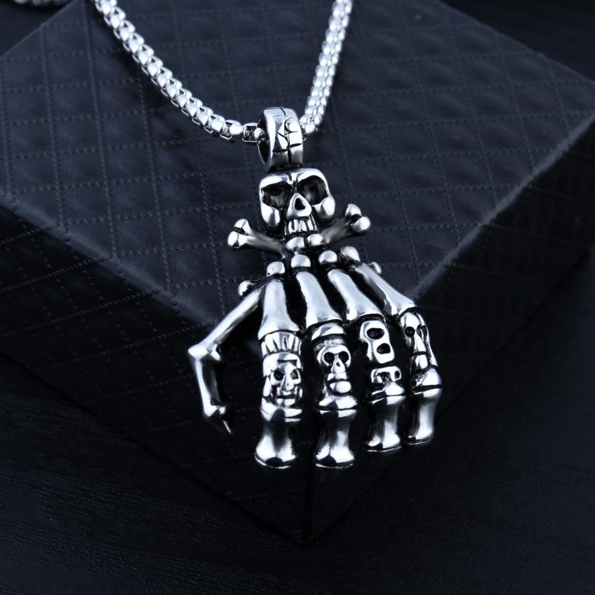 Skull Hand Pendant Necklace For Men Women Vintage Copper Color Skeleton Stainless Steel Chain Hip Hop Jewelry Halloween Gifts