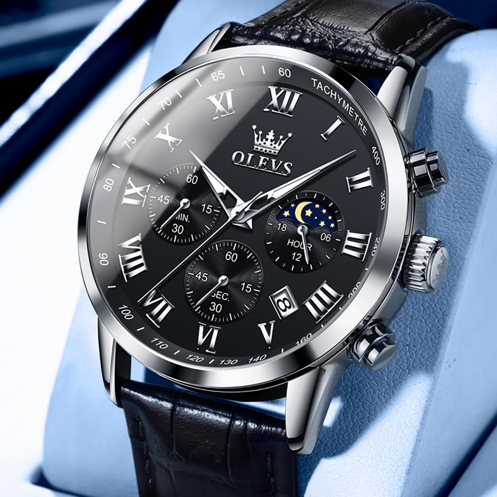 OLEVS Leather Quartz Day of the Week Men's Wristwatch, Waterproof, Analog, Stylish, Simple, Movement, Lightweight, Black, Gentleman, Date,