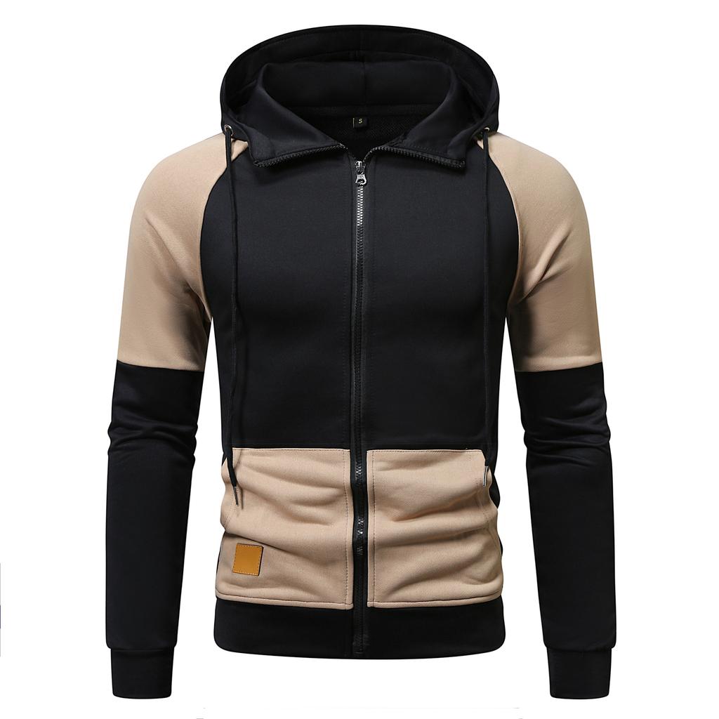 New autumn and winter men's hooded color-blocked sweatshirts, youth sports fashion cardigans, leather sweatshirt jackets