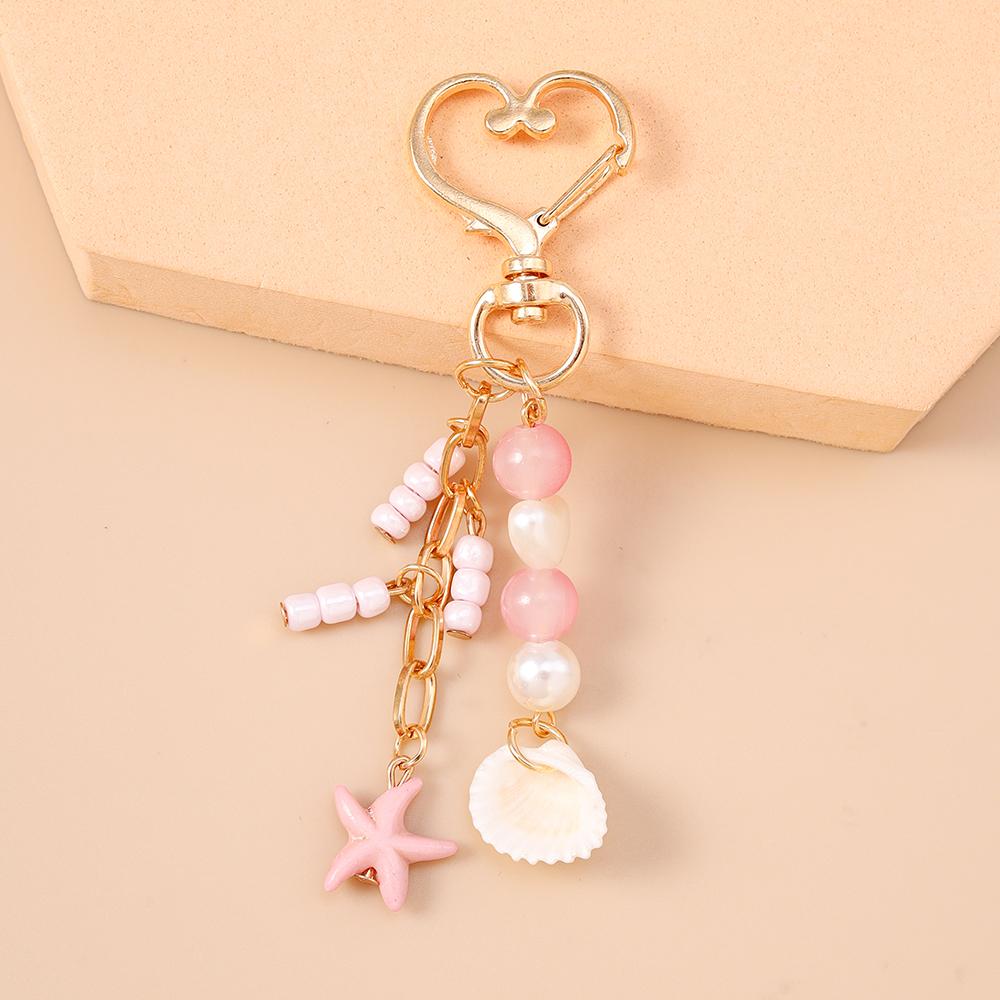 Fashion Summer Beach Shell Starfish Keychain Pearl Crystal Key Ring Pendants for Women Girls Handbag Decor DIY Jewelry Gifts