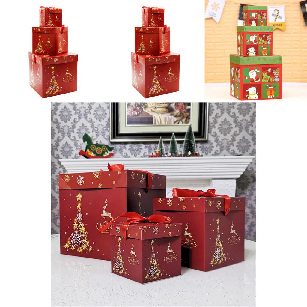 Large Premium 3pcs Christmas Gift Box With Lid  Ribbon Xmas Present Box Square