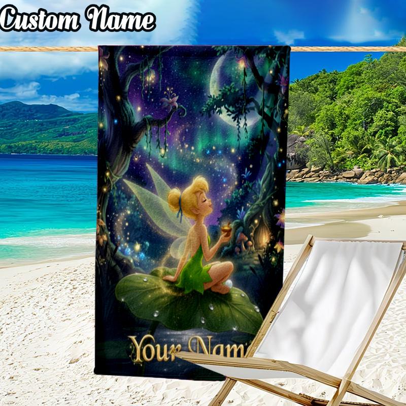 Custom Name Tin-ker Bell Beach Towel - Soft, Ultra-Absorbent Microfiber, Lightweight, Perfect for Beach, Parties, Travel, Camping
