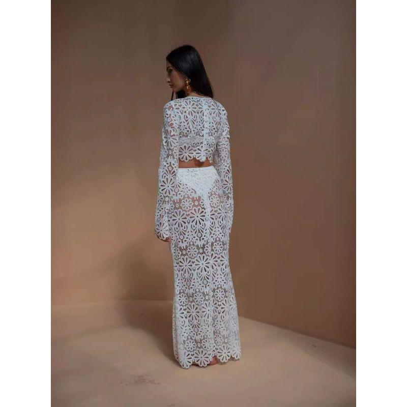 Slim Cut Lace Top and Skirt Set Slim Fit Hollow Lace Top and Skirt Sets