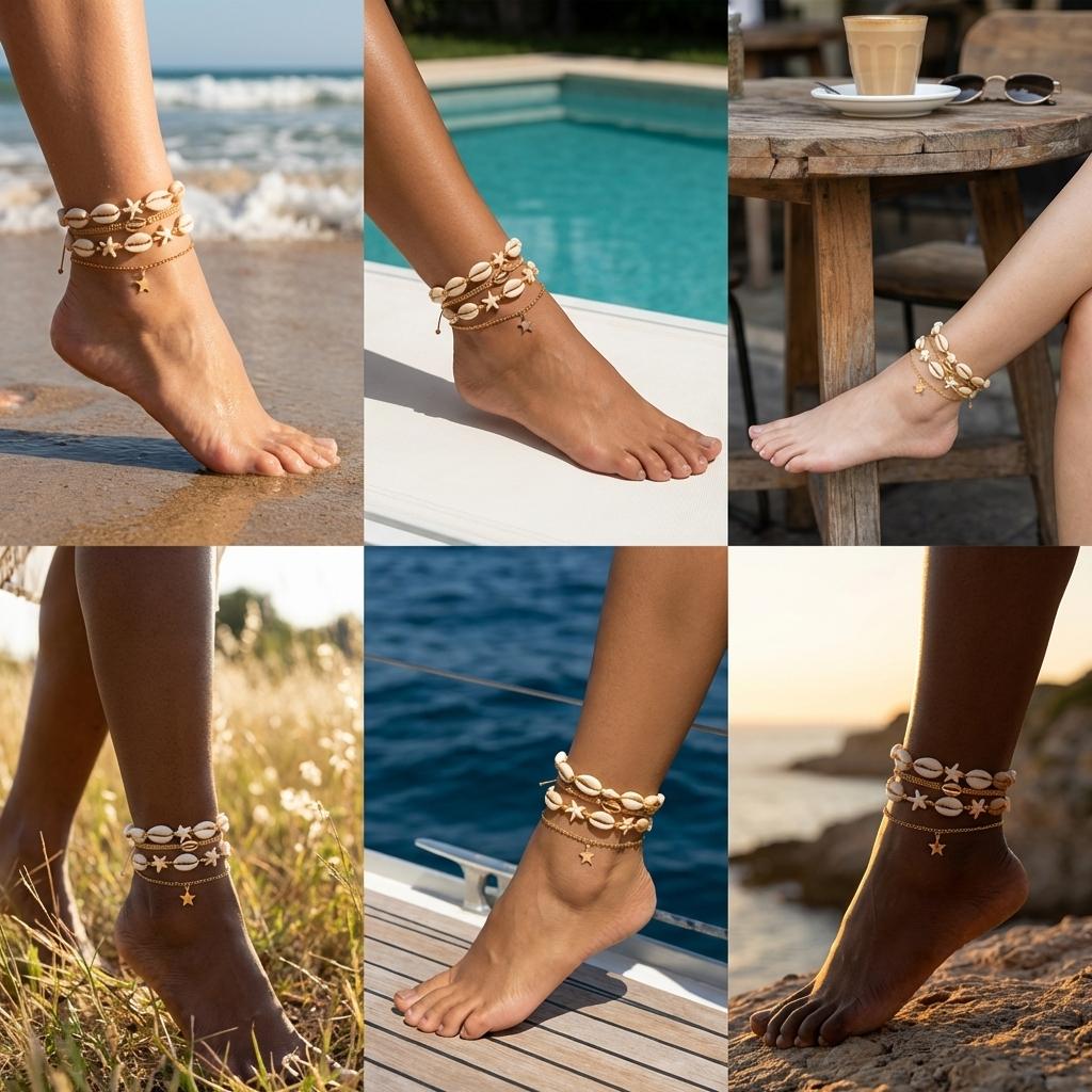 4Pcs Bohemian Cowrie Shell Anklet Set For Women Starfish Charm Gold Color Foot Chain Summer Beach Stackable Jewelry
