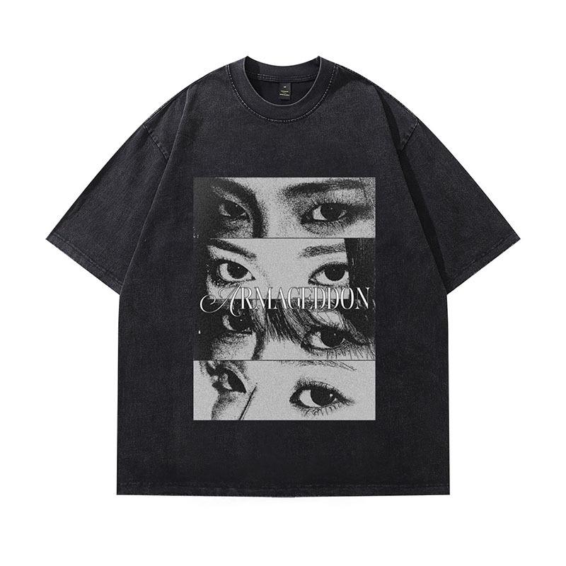 Trendy Brand Men'S Clothing American Vintage Retro Kpop Printing Heavy Cotton Washed Short-Sleeved T-Shirt Men And Women Trendy