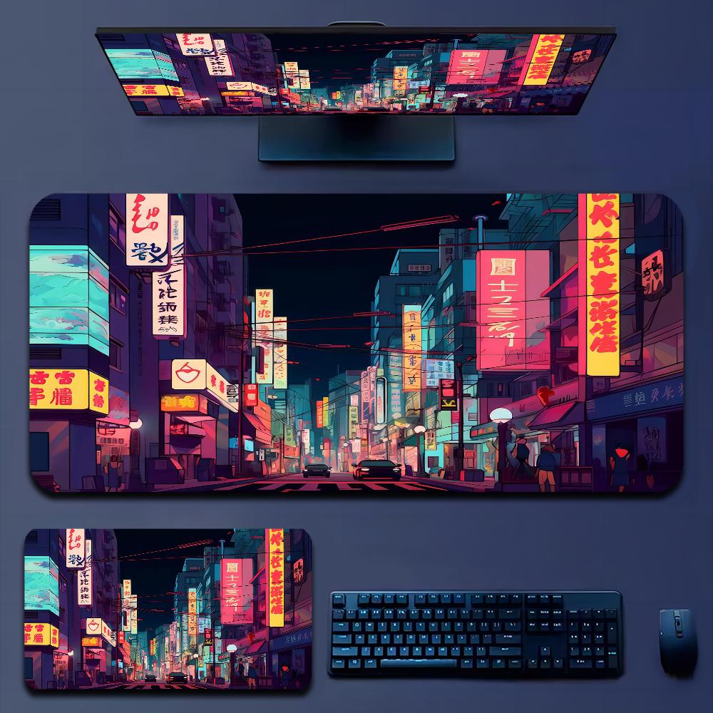 Japan Aesthetics Purple Neon City In Stocked Laptop Gaming Mice Mousepad Size for large Edge Locking Game Keyboard Pad