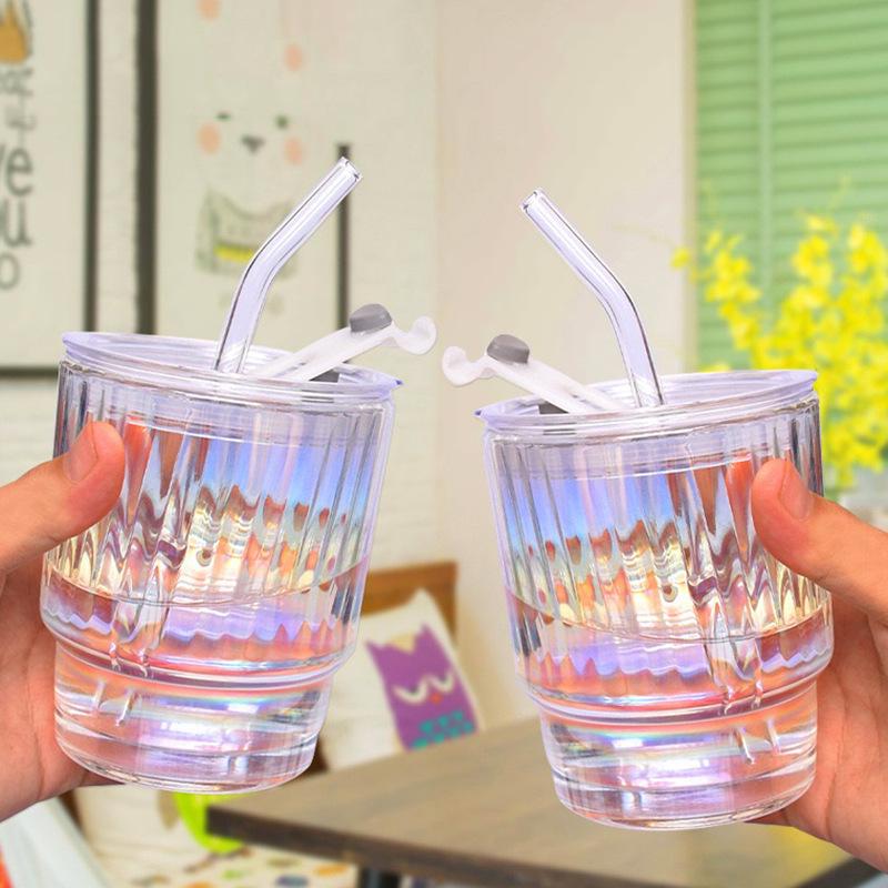 

Aurora Iridescent Glass Straw Cup - Creative Style for Milk & Juice Beaded Cup
