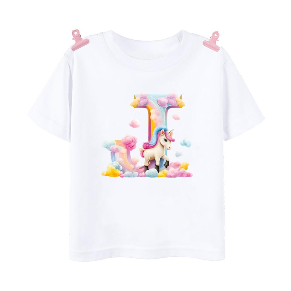 Unicorn Rainbow Initial A-Z Printed Kids Shirt Child Summer T-shirt Boys Girls Short Sleeve Tops Clothes Cute Toddles Outfit Tee