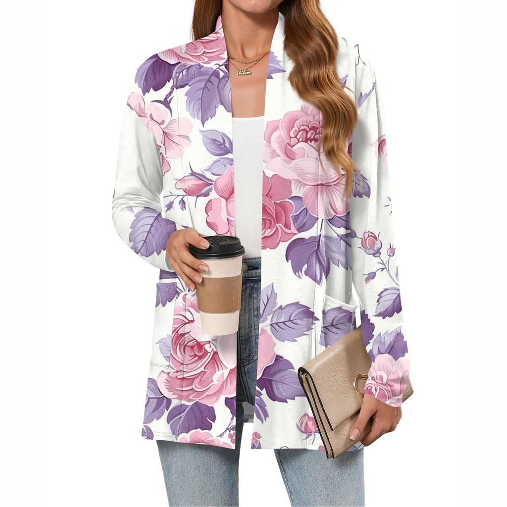 Damenmode Lässiger Langarm-Cardigan Dünne Lockere Cardigan-Jacke mit Taschen