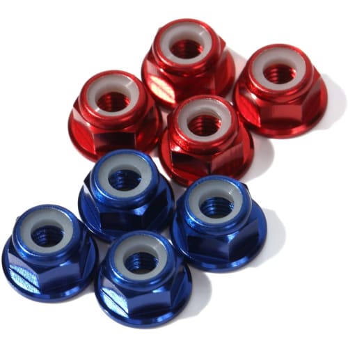 Set of 8 Lightweight Aluminum Wheel Nuts (4 Blue, 4 Red) for Tamiya 10/1 Scale Vehicles. Includes Plastic Flanges. Ideal for Weight Reduction and Dres