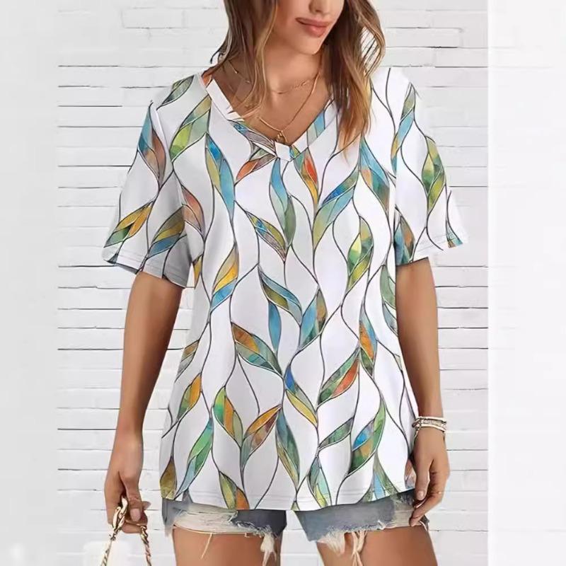Women V Neck Short Sleeve T Shirt Geometric Leaf Print Loose Casual Summer Tops S