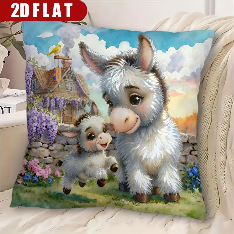 pc D Flat (Pillow Not Included) Cute Donkey Baby Farm House Cushion Cover Short Plush Animal Lover Decor Throw Pillow Case