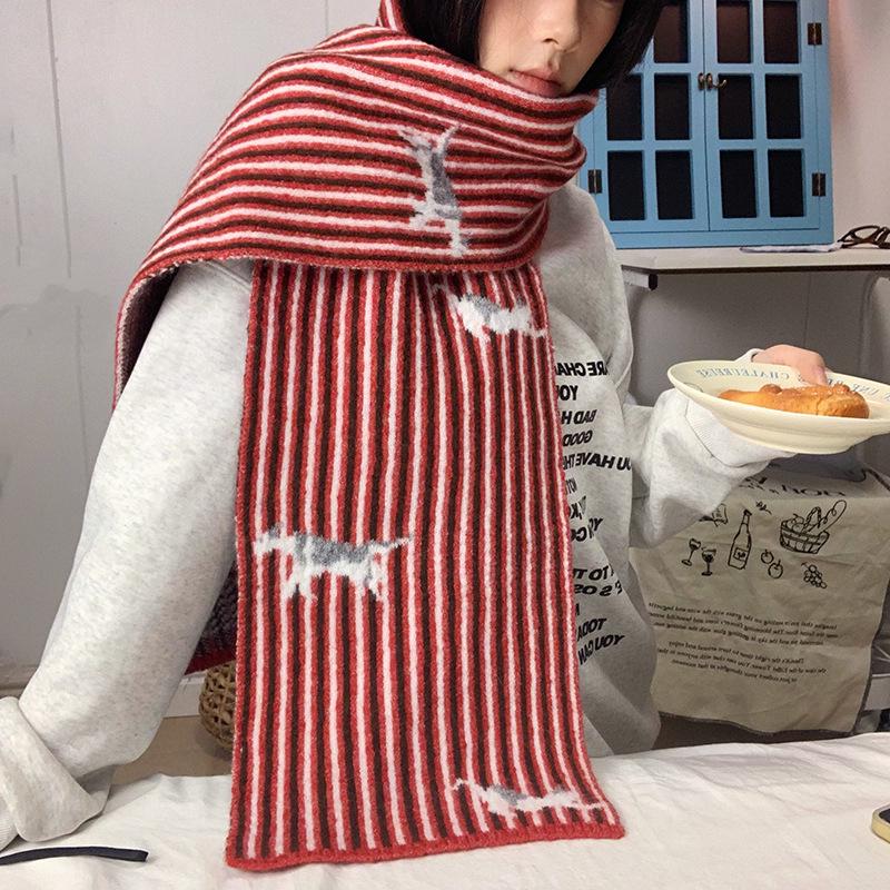 Luochi Knitting Cartoon Cat Striped Wool Blend Scarf - Warm Winter Student Neck Gaiter красный