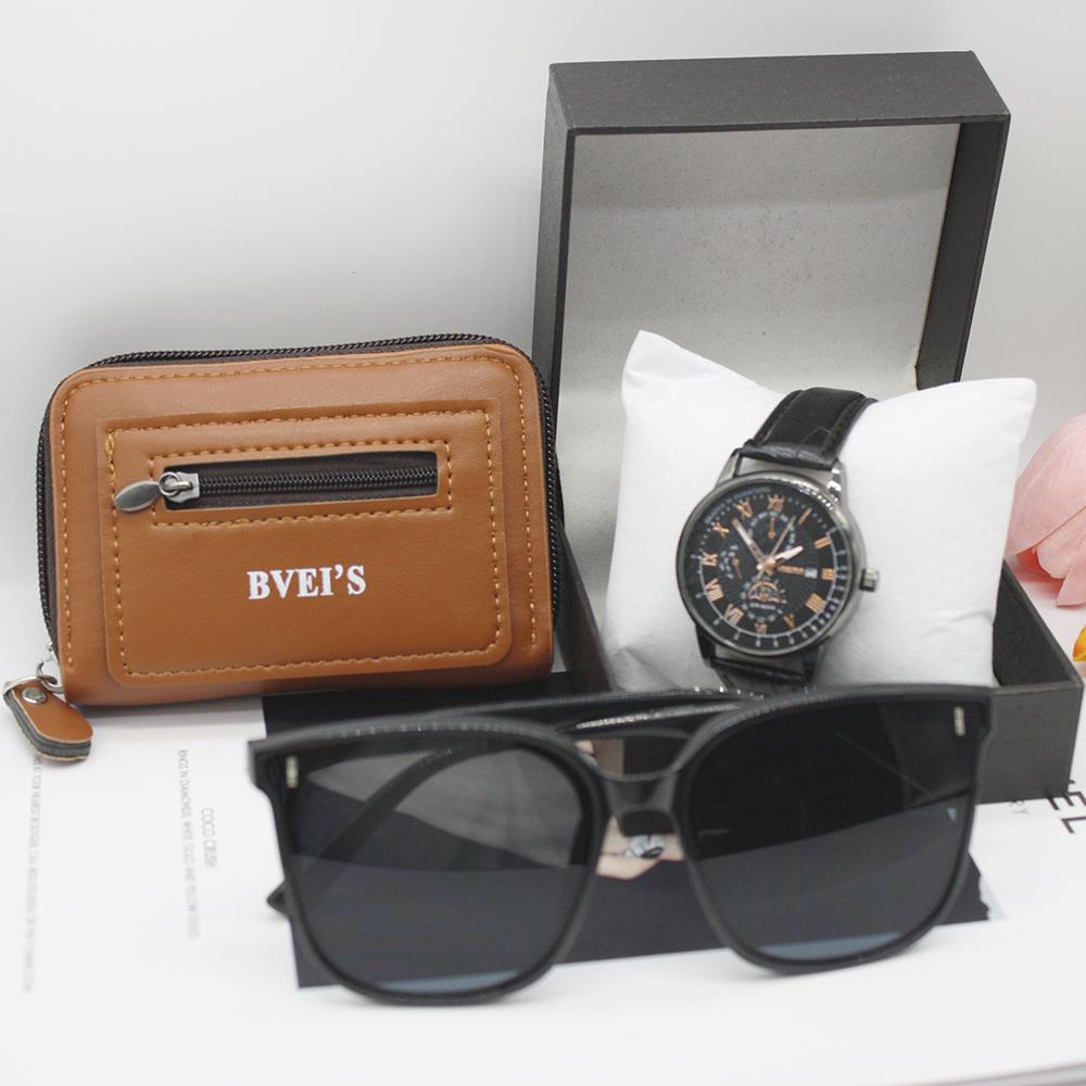 3pcs Set Quartz Wrist Watches Leather Pouch Men's Sunglasses Original Classic Personality Temperament Men's Watch for Outdoors