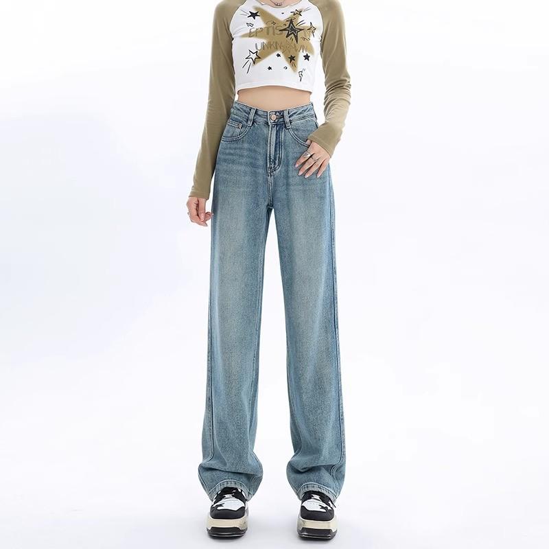 Women's Spring Fashion Light Blue Fleece-Lined High-Waisted Wide-Leg Jeans - Slimming, Loose, Straight-Leg Pants