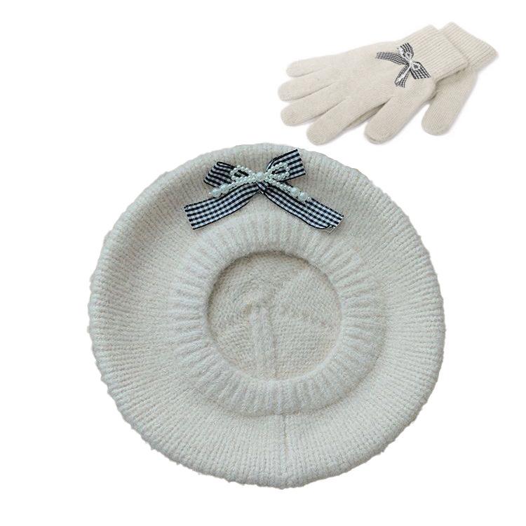 New Sweet Bow Knitted Beret Warm Versatile Big Head Circumference Showing Face Small Painter Hat