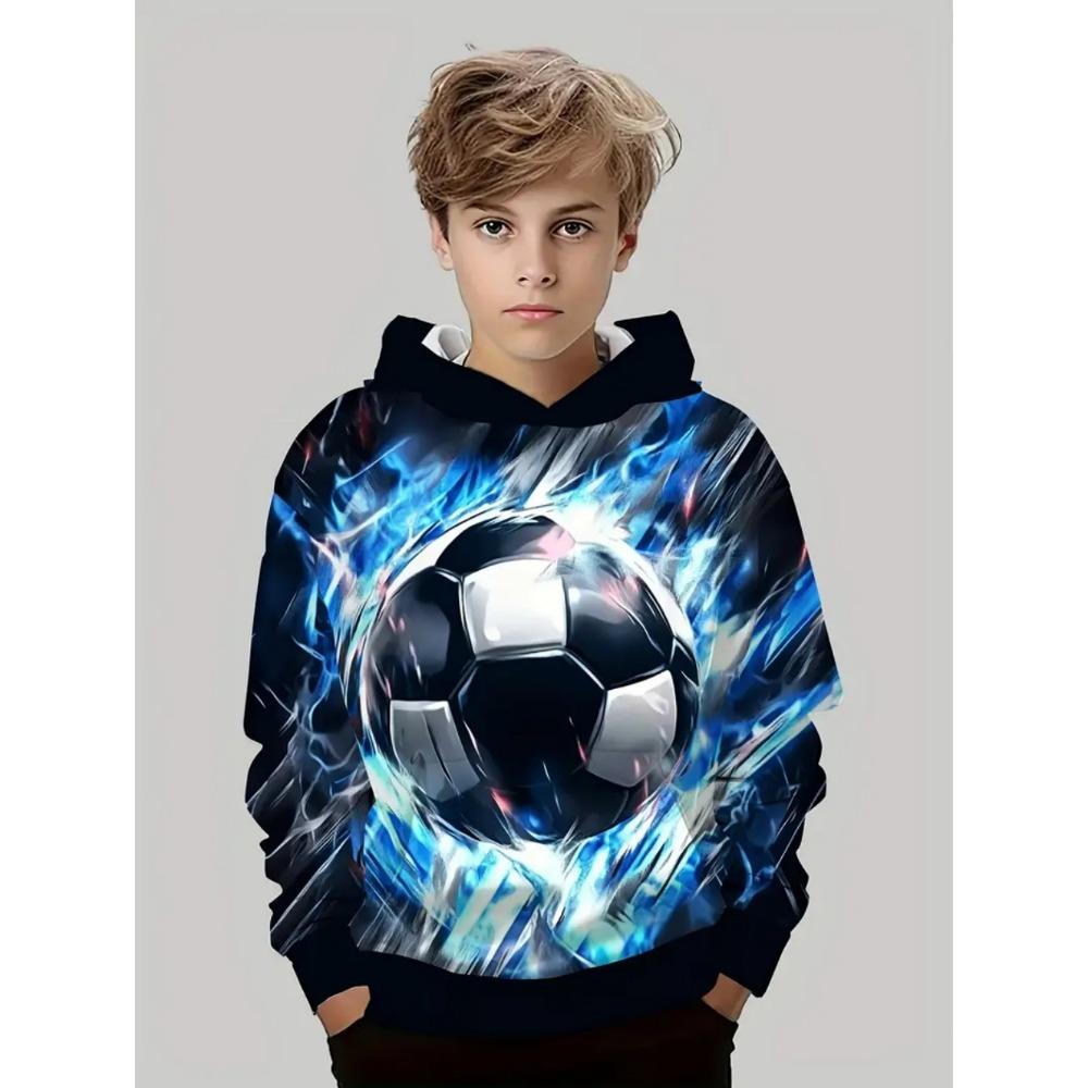 Boys' 3D Soccer Ball Harajuku Print Hoodie Casual Polyester Long Sleeve, Slight Stretch, Hooded Outdoors Sweatshirt for Running
