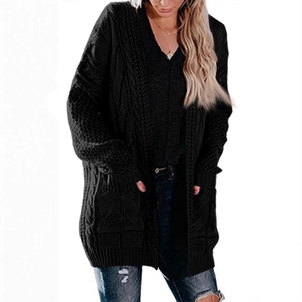 Women's Mid-Length Cable Pocket Knit Cardigan Sweater