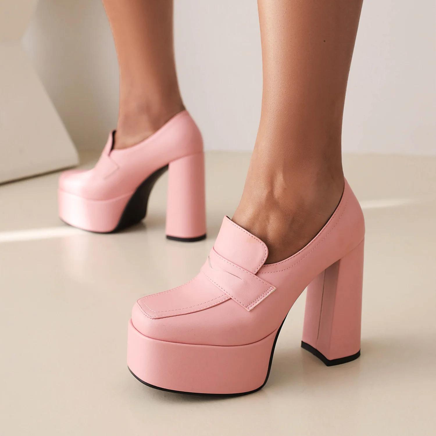 

Осень Высокая платформа Мода Женские туфли Розовый Белый Мягкая кожа Квадратный носок Толстый каблук Вечеринка Женские Офисная обувь Большой размер 34-43 34 розовый