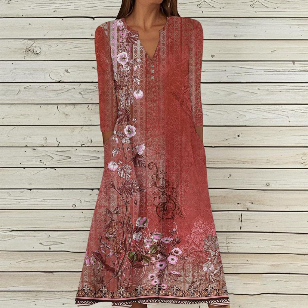 Women's Summer Casual V-Neck Button Vintage Floral Print Three-quarter Sleeve Long Dress With Pockets
