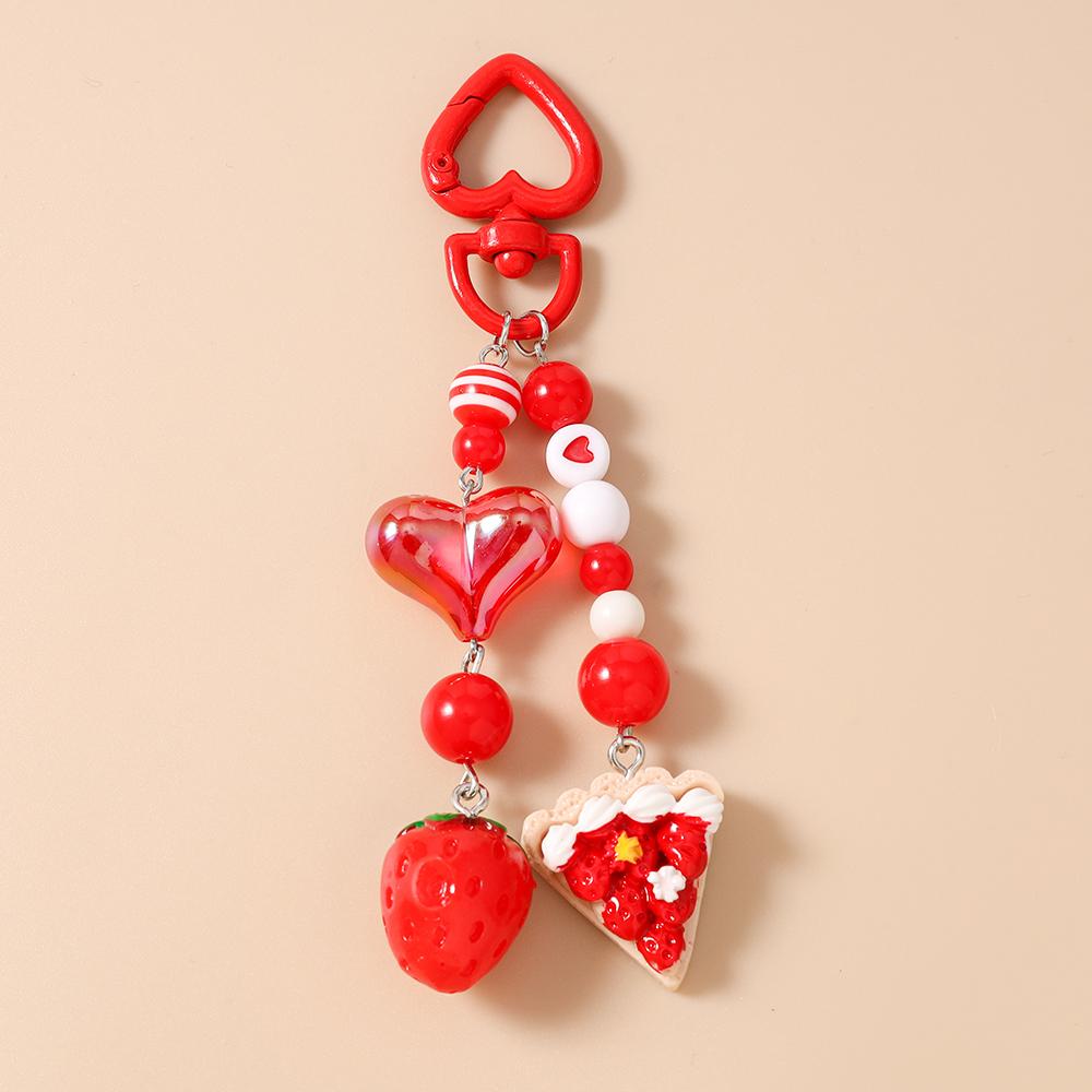 

New Resin Cake Strawberry Keychain Women Girls Beads Love Heart Key Ring Pendant for Handbag Decor DIY Key Chain Gift