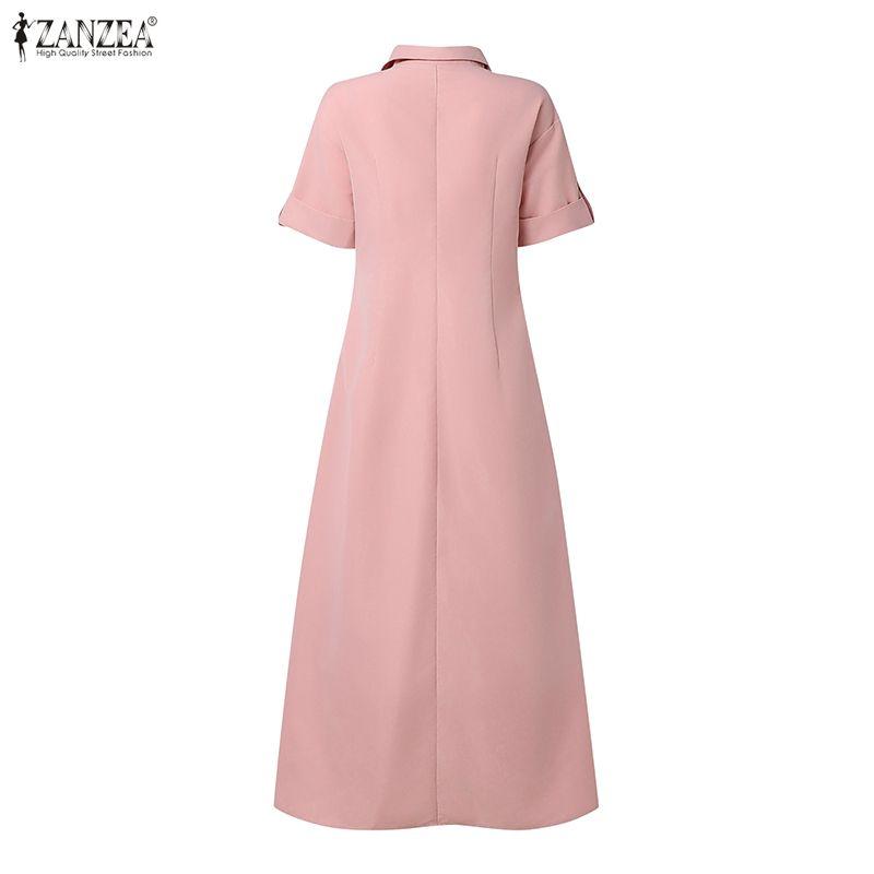ZANZEA Damen Lässig Umlegekragen Sommer Kurzarm Langes Kleid