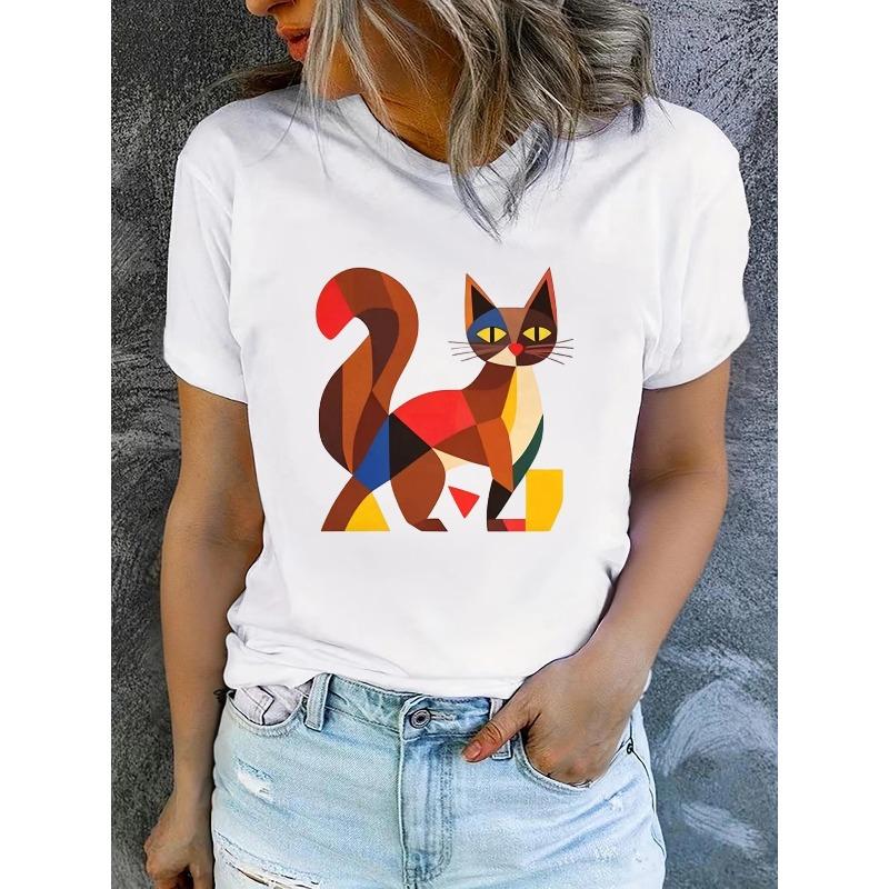 Women's Summer Short-Sleeve Printed T-Shirts, Fashionable and Casual, Machine-Washable Comfortable Fit 2D Flat Printing, 2D Flat