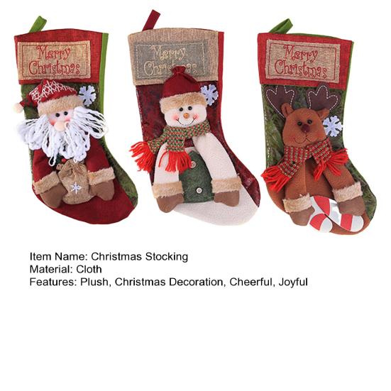 18" Christmas Stocking 3D Plush Santa Snowman Reindeer Design Hanging Burlap Stocking for Farmhouse Holiday Decor
