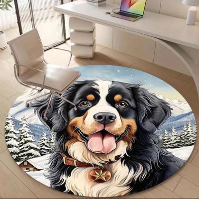 1PC Winter Mountains Dog Office Round Area Rug, Mat Suitable For Office, Under Office Chairs Bedroom Living Room Home Decor, Room Deco