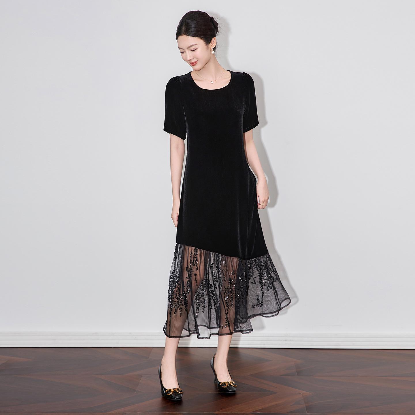 

Платье из шелкового бархата с пайетками и сеткой - Стройное и стильное летнее платье для женщин Extra Large чёрный