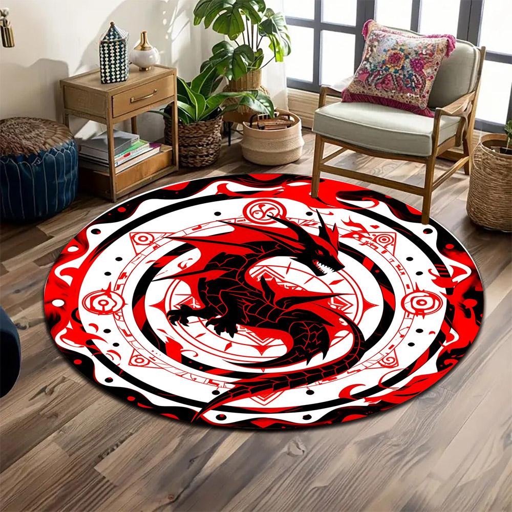 Fiery Black Dragon Design Print Round Rug, Living Room, Bedroom, Playroom Carpet, Non Slip Floor Mat, Gift