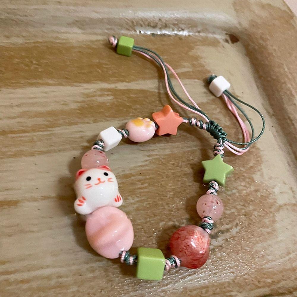 Lucky Cat Ceramic Cat Bracelet Handmade Cat Bead Bracelet Vintage Maneki Neko Bracelet  Women