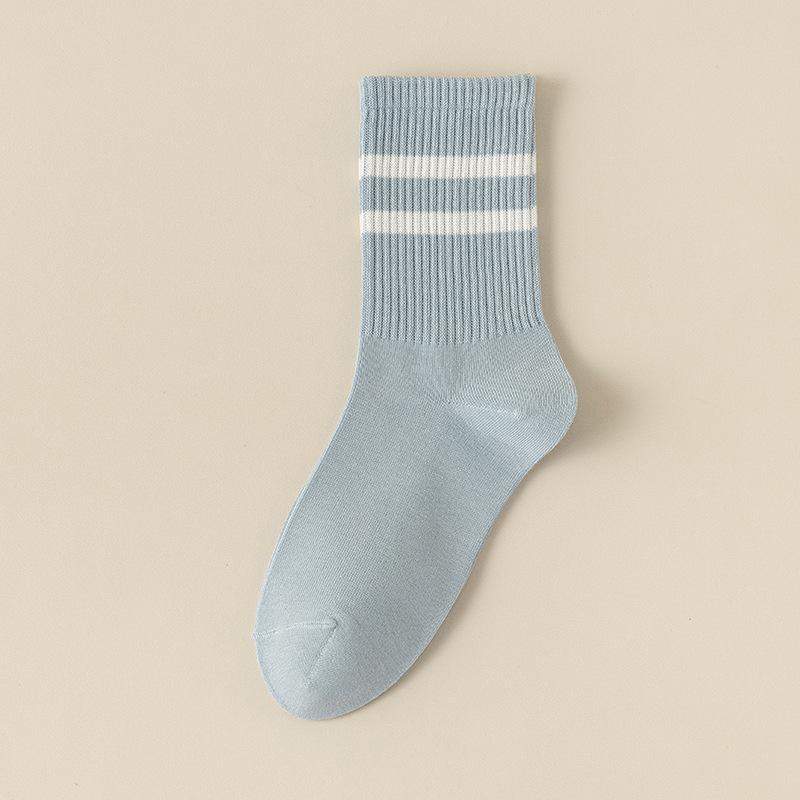 Pure Cotton Socks for Women In Autumn and Winter, Mid-calf Sweat-absorbing and Odor-proof Double-bar Striped Sports Long Calf Cotton Socks