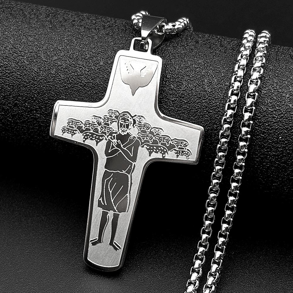 Christ Jesus Good Shepherd Cross Pendant Necklace for Women Men Stainless Steel Gold Color Holy Spirit Dove Chain Faith Jewelry 60cm BOX SR